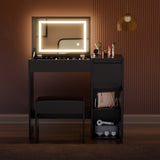 [Black]  vanity with illuminated mirror in a room with brown walls and wooden floor.