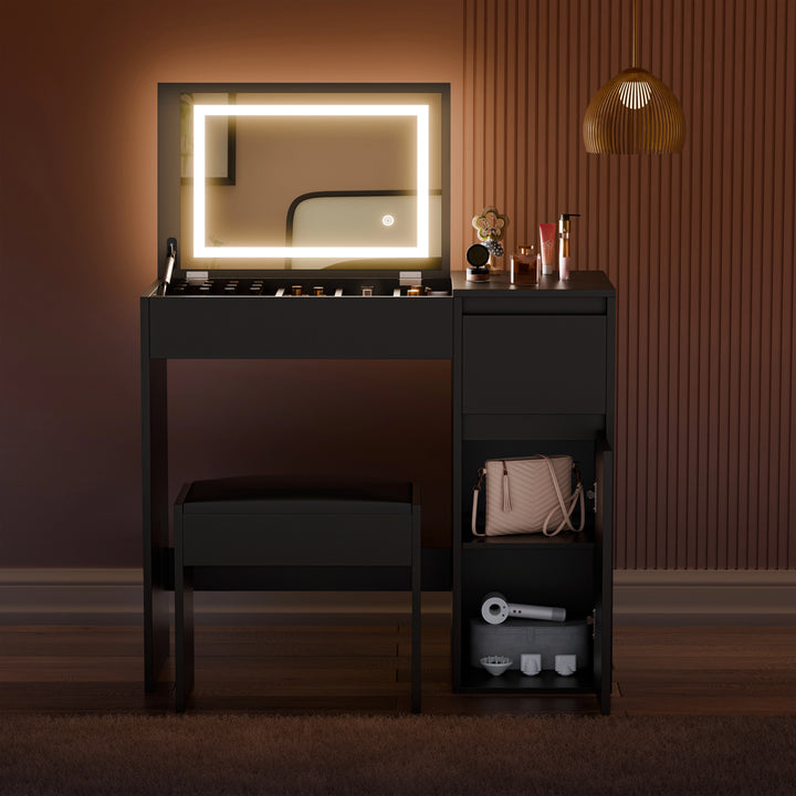 [Black]  vanity with illuminated mirror in a room with brown walls and wooden floor.