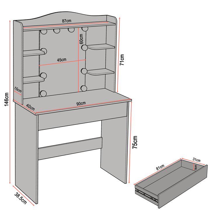 [Black] Dimensions of black vanity table showing 146 cm height, 38.5 cm depth, 90 cm length and mirror with 60 cm length