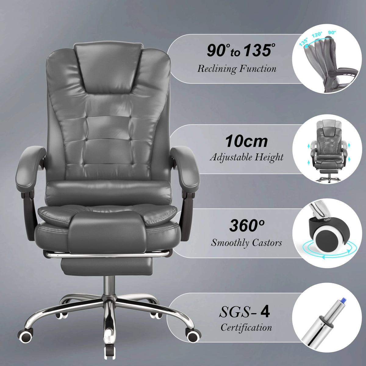 [Grey] Grey office chair with reclining function and adjustable height features on a gray background