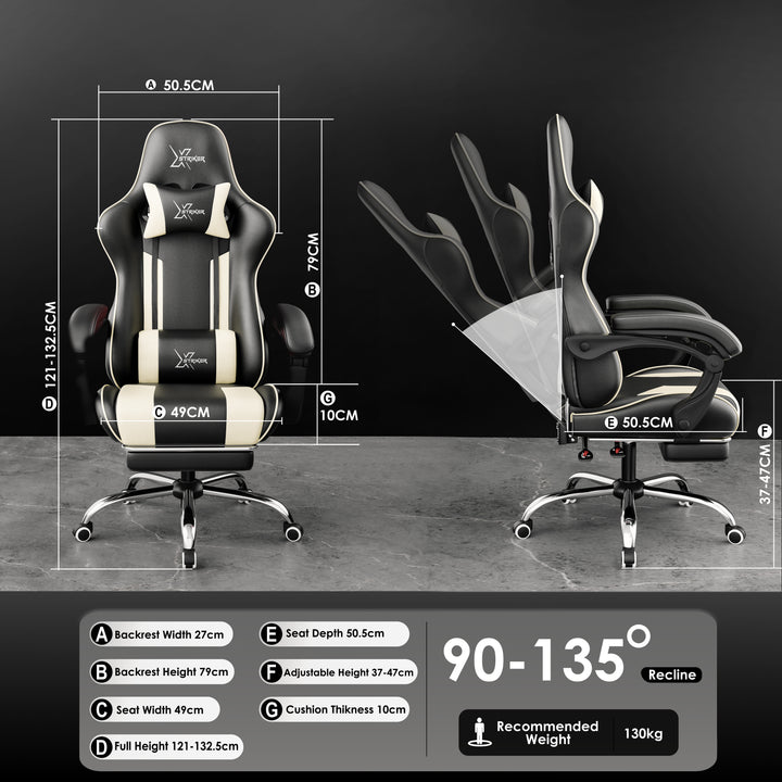[Black + White] Xstriker Gaming Chair With Footrest in black and white, featuring ergonomic design, adjustable recline from 90° to 135°, and full dimension specs shown.