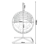 [Grey] Dimensions diagram of light grey hanging egg chair: 196cm high, 105cm wide, 112cm seat, 103cm base, 28cm chain