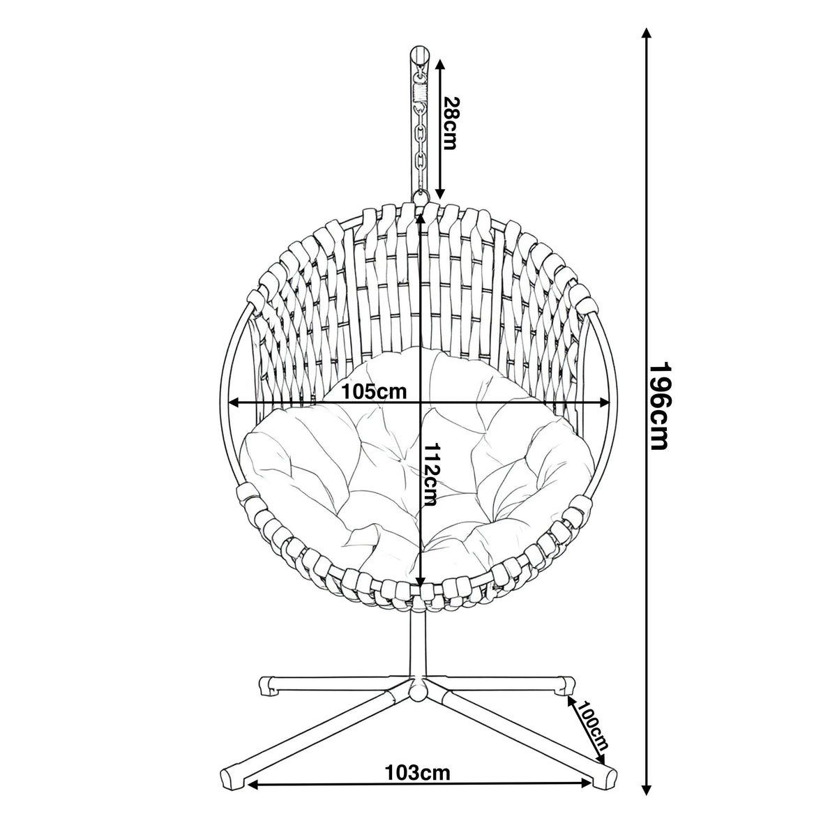 [Grey] Dimensions diagram of light grey hanging egg chair: 196cm high, 105cm wide, 112cm seat, 103cm base, 28cm chain