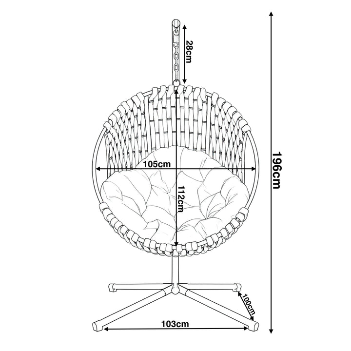 [Grey] Dimensions diagram of light grey hanging egg chair: 196cm high, 105cm wide, 112cm seat, 103cm base, 28cm chain