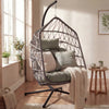 [Grey] Grey rattan egg chair on black stand in white living room with wooden side table and cream throw