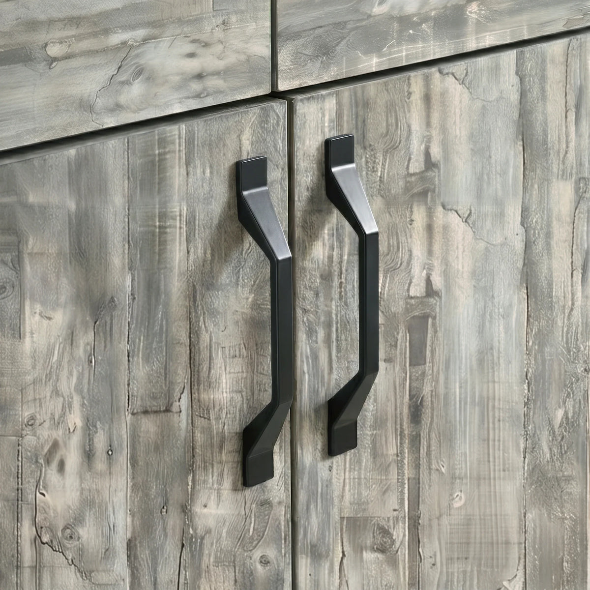 [Grey] Ironmere sideboard handle detail showing two black pulls on grain-patterned cupboard doors