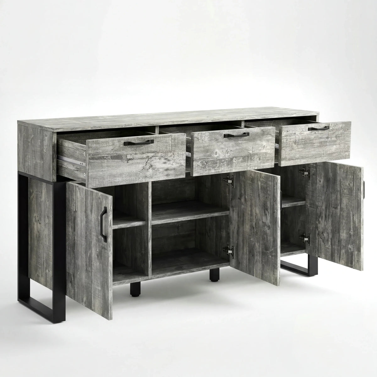 [Grey] Ironmere sideboard front view with three drawers pulled out and lower cupboard doors open