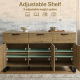 [Oak Effect] Ironmere sideboard with three doors open showing adjustable shelf levels inside the cupboards