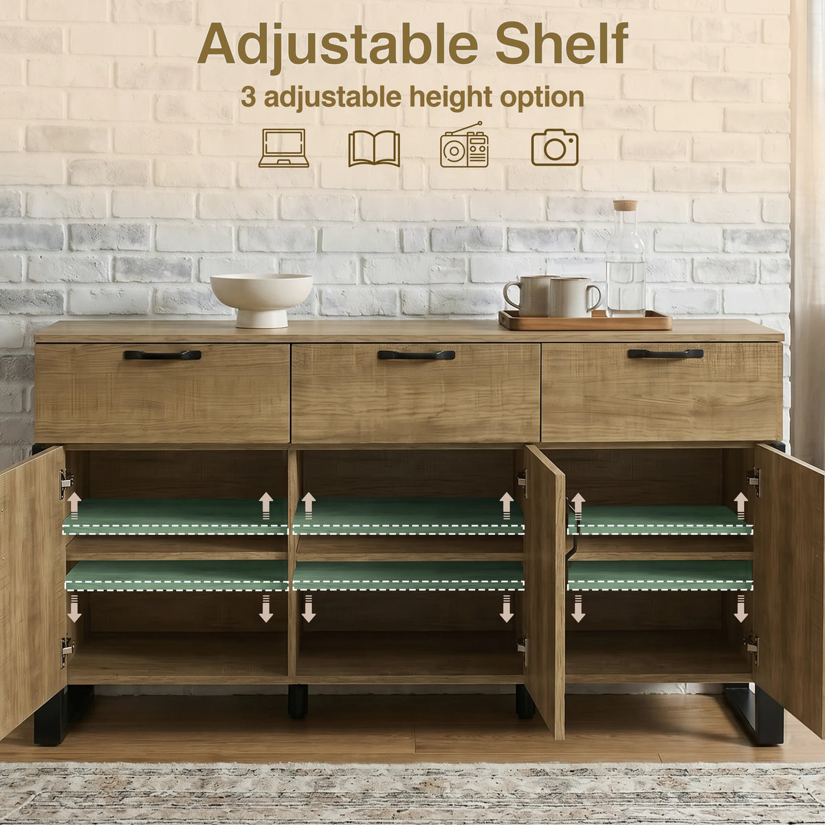 [Oak Effect] Ironmere sideboard with three doors open showing adjustable shelf levels inside the cupboards