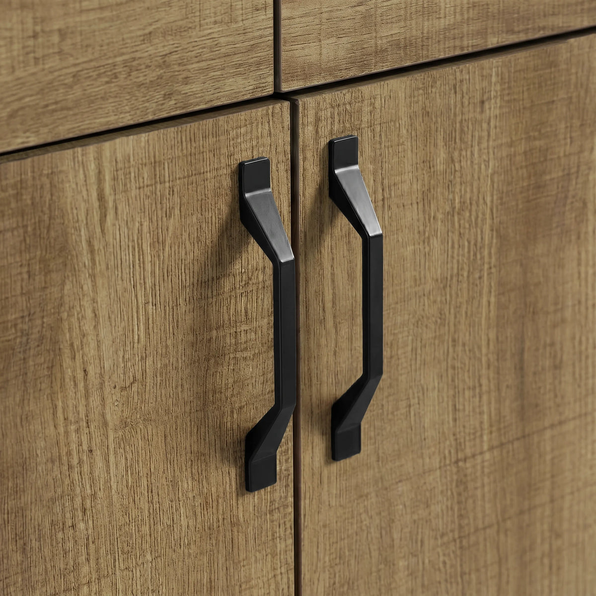 [Oak Effect] Ironmere sideboard close view of black metal door handles fixed to the lower front panels