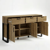[Oak Effect] Ironmere sideboard open storage view with three upper drawers extended above cupboards
