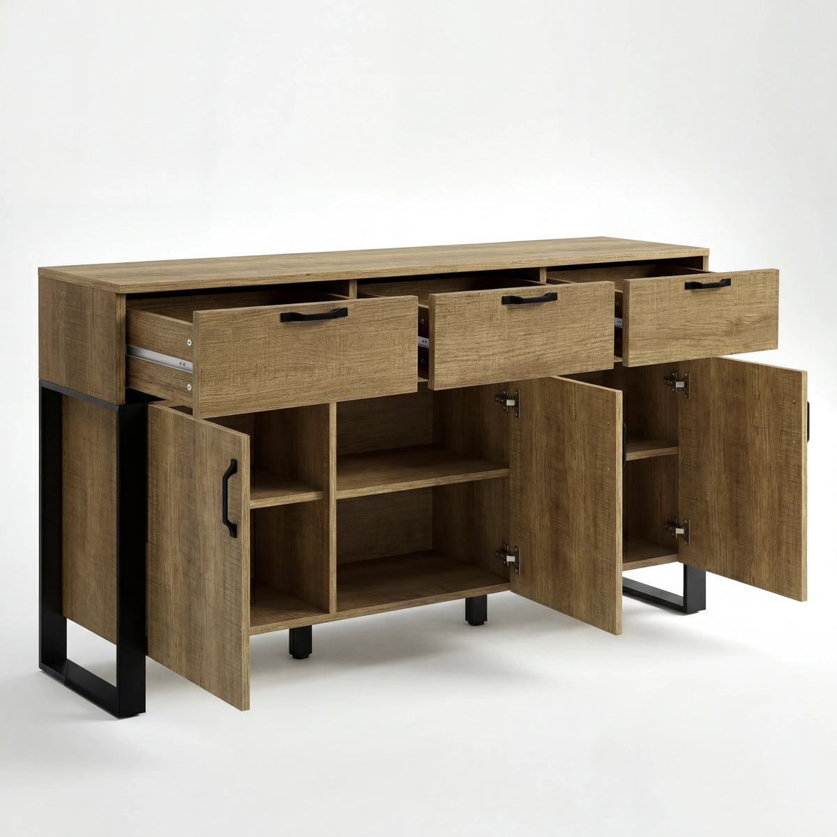 [Oak Effect] Ironmere sideboard open storage view with three upper drawers extended above cupboards