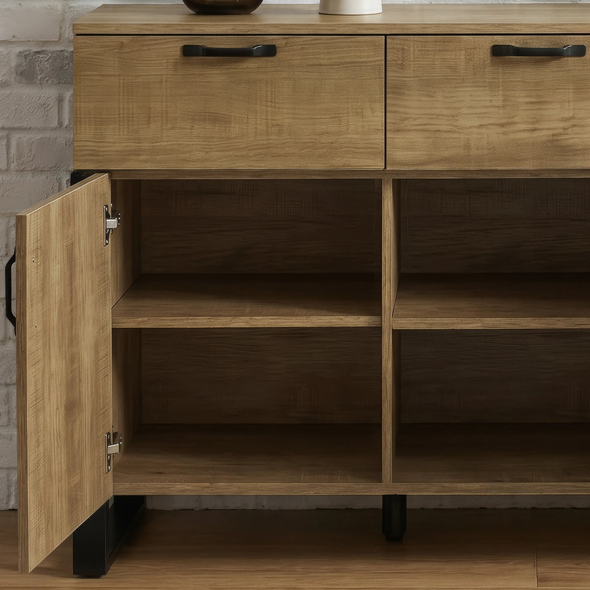 [Oak Effect] Ironmere sideboard open cabinet detail with centre divider and empty storage shelves