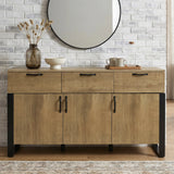 [Oak Effect] Ironmere sideboard closed front view with black handles across drawers and lower cupboards