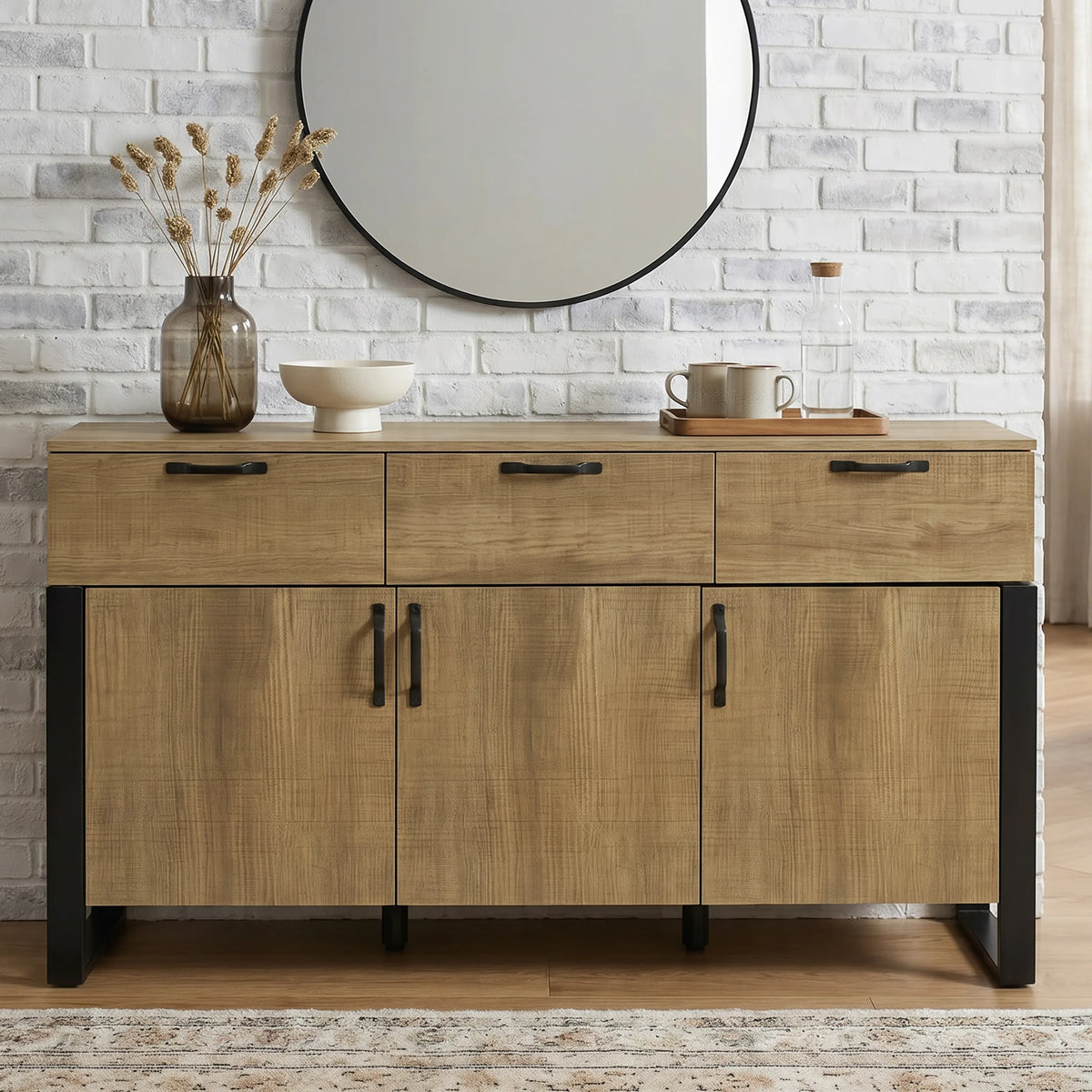 [Oak Effect] Ironmere sideboard closed front view with black handles across drawers and lower cupboards