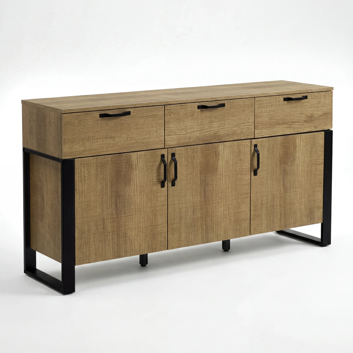 [Oak Effect] Ironmere sideboard freestanding view on white background with black handles and side frames