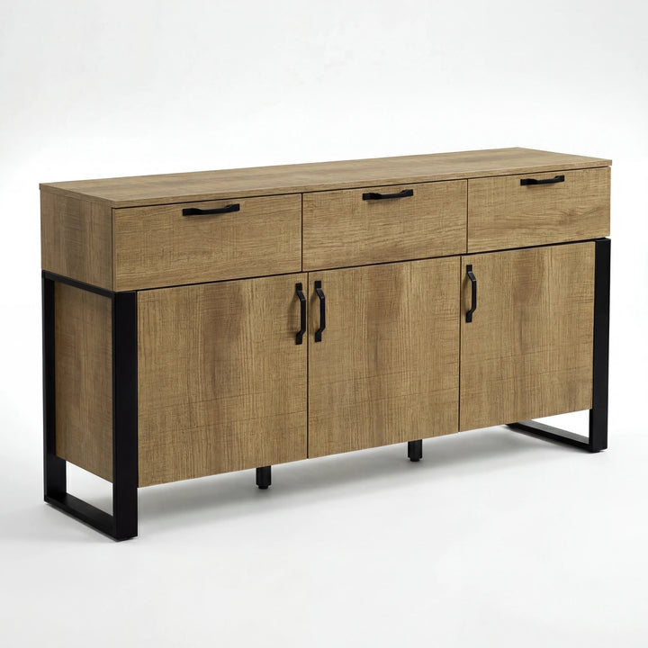 [Oak Effect] Ironmere sideboard freestanding view on white background with black handles and side frames