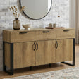 [Oak Effect] Ironmere sideboard straight room view showing wide top, black pulls, and six front storage sections