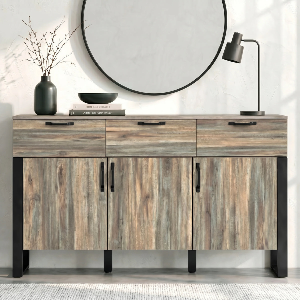 [Smokey Oak] Ironmere sideboard closed front view with black handles across drawers and lower cupboards