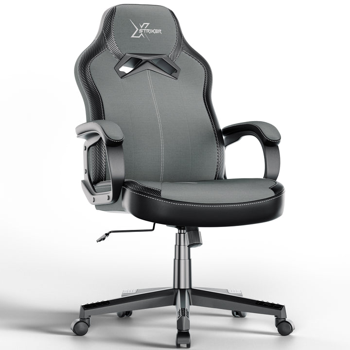 [Grey] Xstriker pc chair in grey fabric with padded armrests and adjustable height, ideal as a small desk chair for home office or study use.