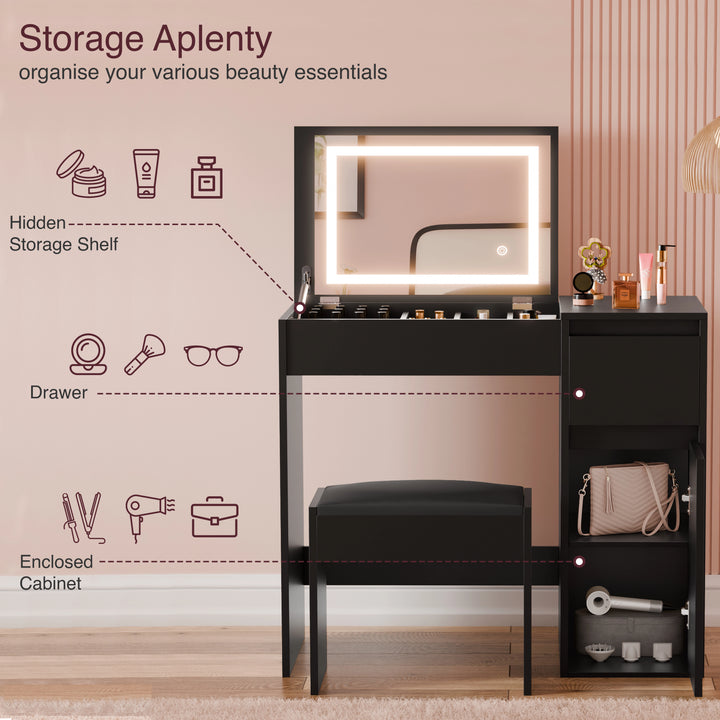 [Black] storage callout for black vanity showing hairdryer and handbag stowed in cabinet compartments