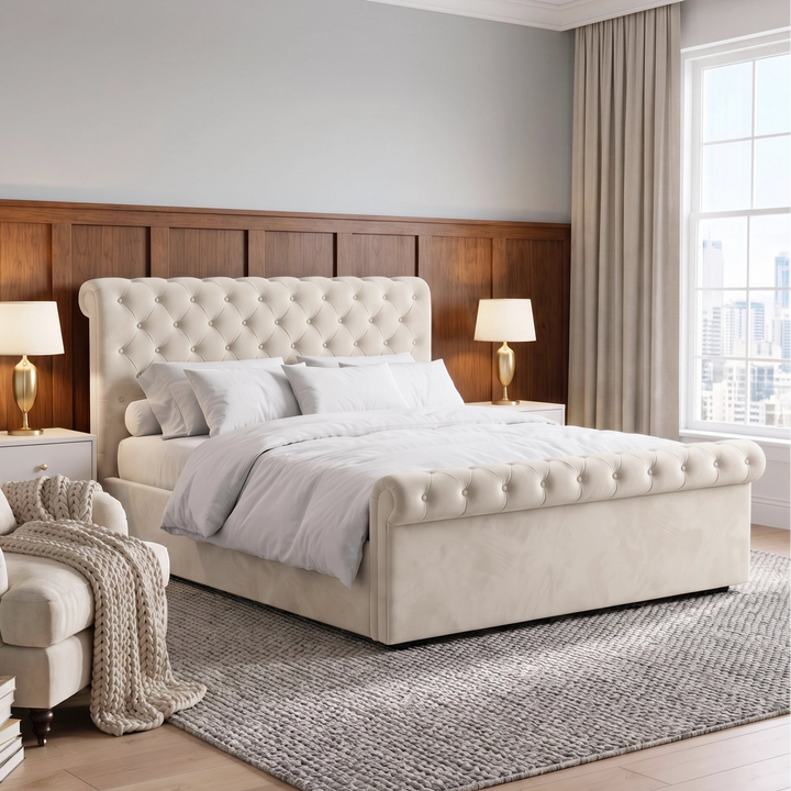 [King | Beige] Styled room view with rolled footboard, armchair, chunky throw, tall window, lamps, and textured rug
