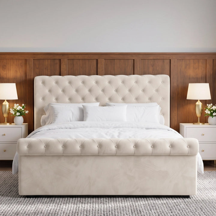 [King | Beige] Straight front bedroom view with tufted headboard, matching footboard, twin lamps, flowers, and wood panels