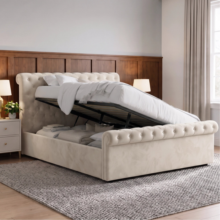 [King | Beige] Side-lift storage view with raised mattress base, black frame, folded bedding, pillows, and wood wall panels
