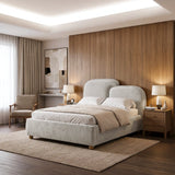 [King | Grey] Styled grey king ottoman bed frame with curved split headboard between nightstands and lamps
