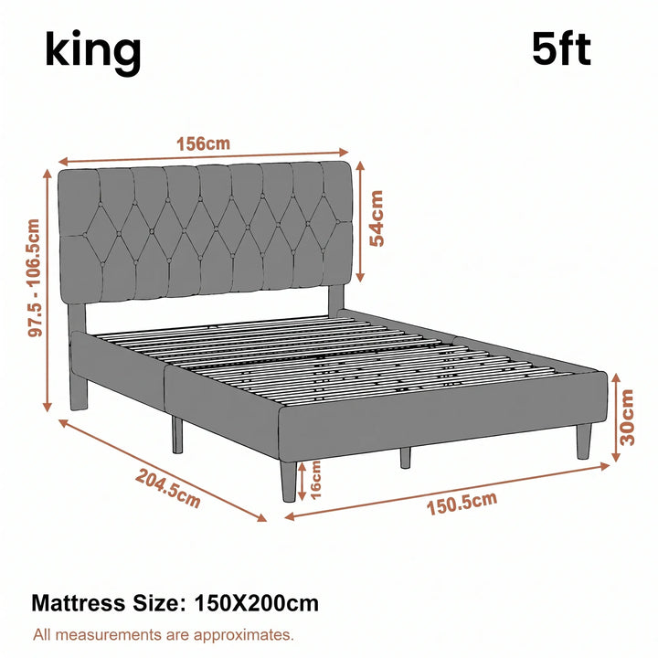 [King | Grey] Velvet Bed Frame King 5ft dimensions diagram showing 204.5cm length and 150cm width