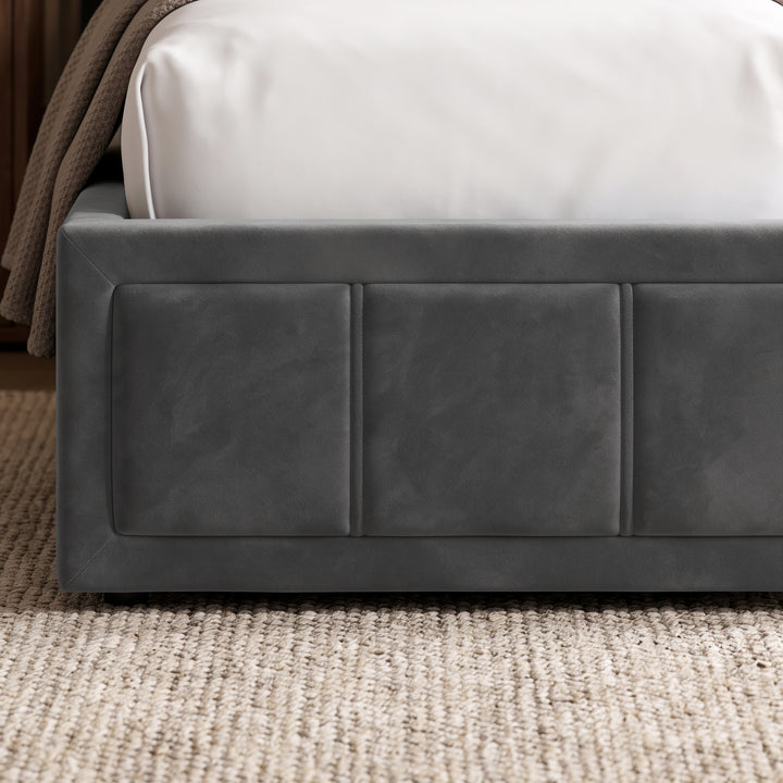 [King | Grey] Close-up detail of the stitched paneled footboard on the King Grey Velvet Ottoman Storage Bed Frame.