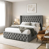 [King | Grey] King Grey Velvet Ottoman Storage Bed with Tufted Winged Headboard.