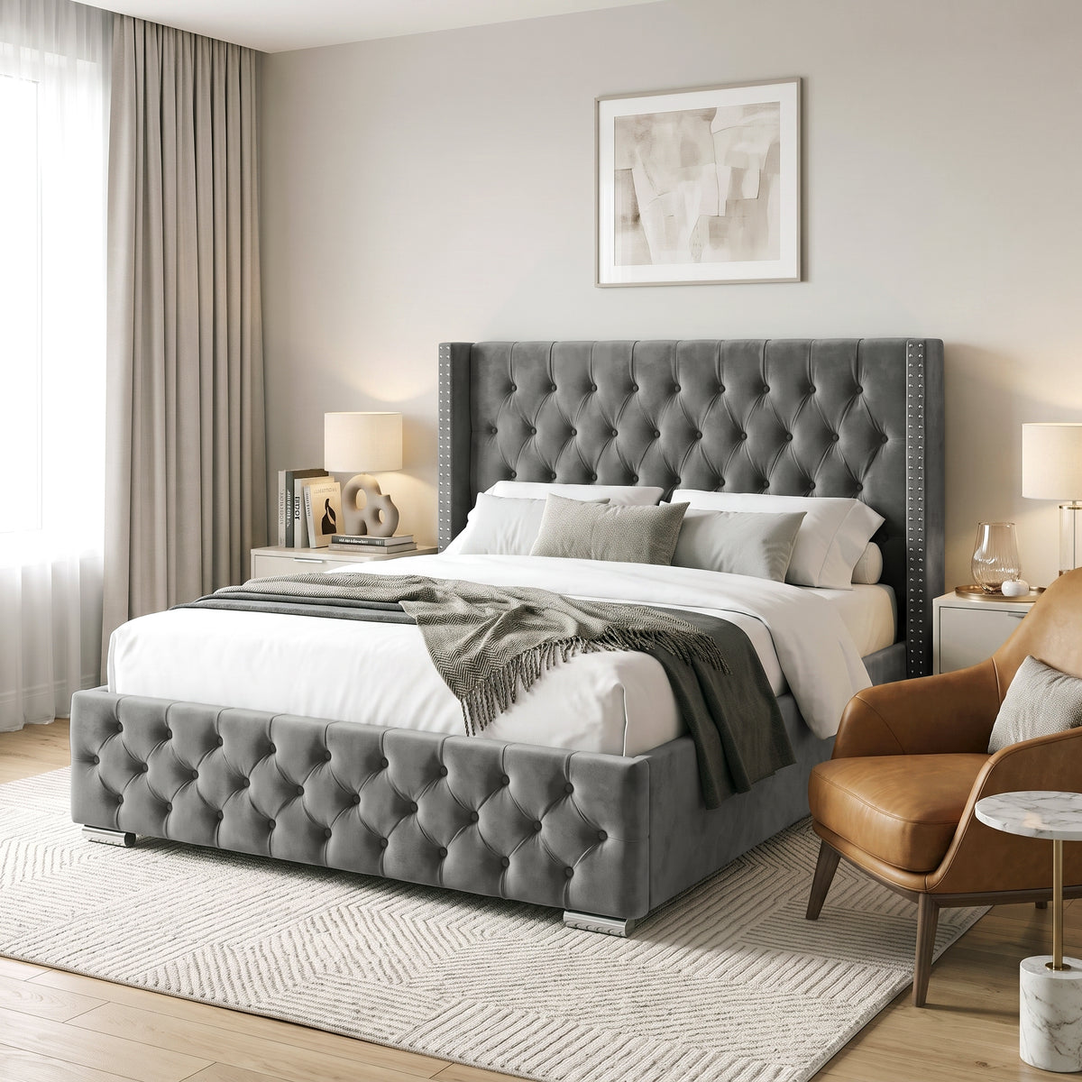 [King | Grey] King Grey Velvet Ottoman Storage Bed with Tufted Winged Headboard.