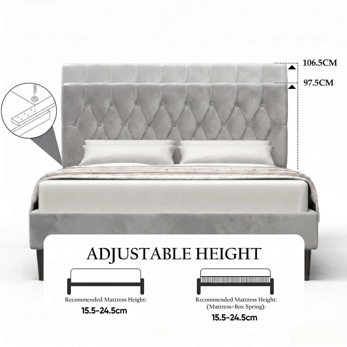 [King | Light Grey] Velvet Bed Frame adjustable headboard height diagram showing 97.5cm and 106.5cm