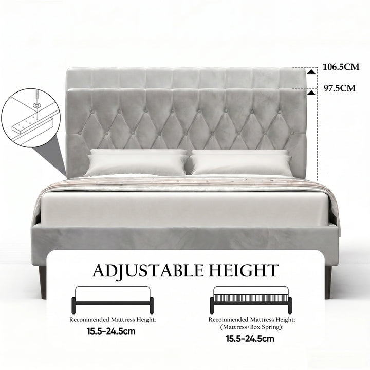 [King | Light Grey] Velvet Bed Frame adjustable headboard height diagram showing 97.5cm and 106.5cm