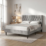 [King | Light Grey] Velvet Bed Frame angled lifestyle view in a Scandinavian-style bedroom setting