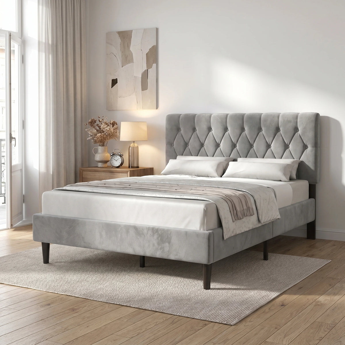 [King | Light Grey] Velvet Bed Frame angled lifestyle view in a Scandinavian-style bedroom setting