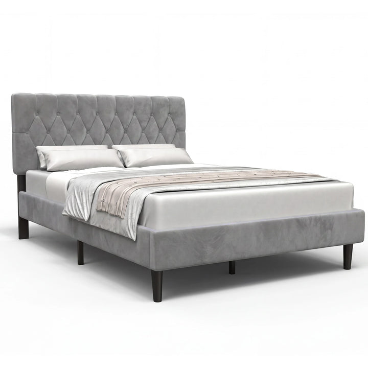 [King | Light Grey] Velvet Bed Frame angled product shot on a white background showing frame profile
