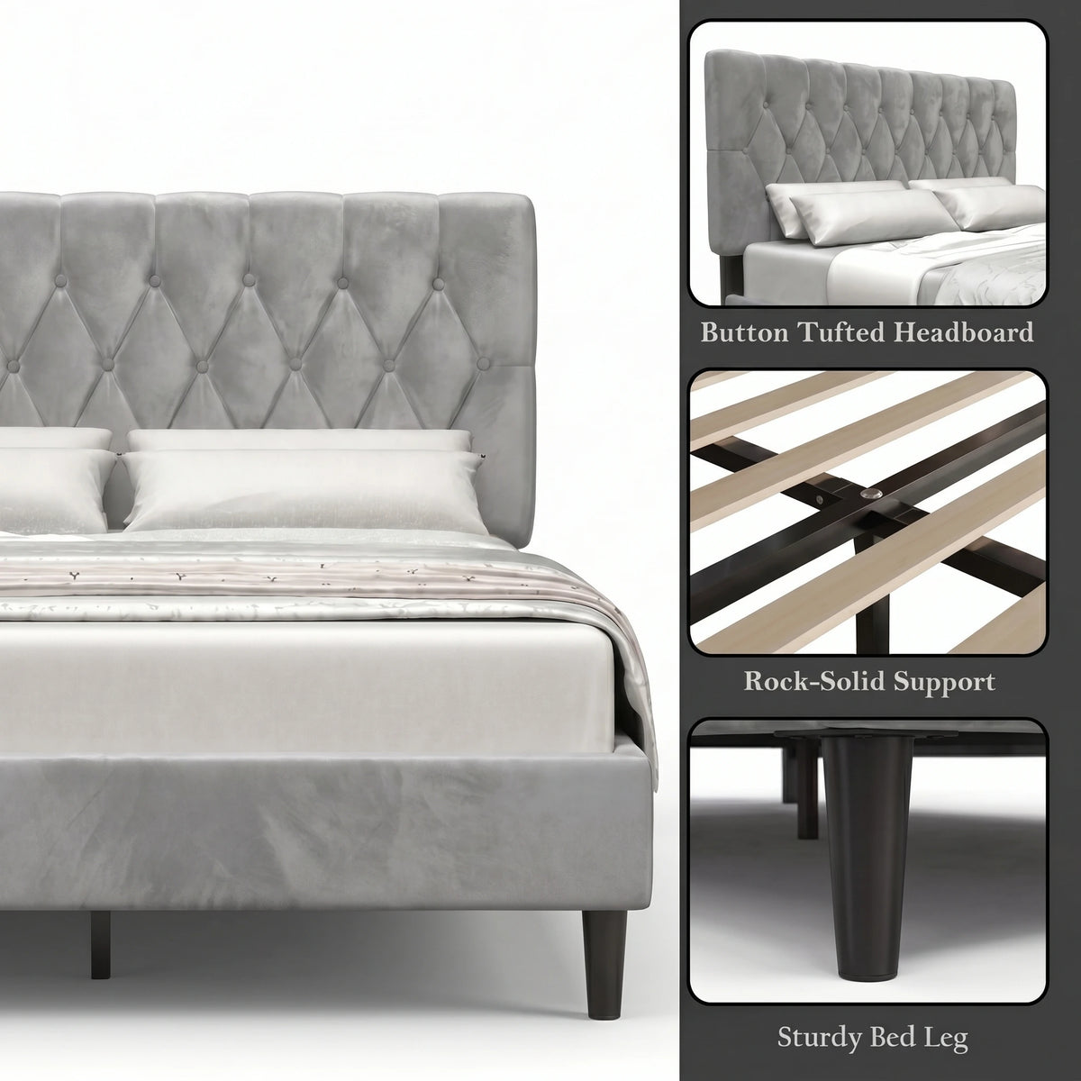 [King | Light Grey] Velvet Bed Frame features infographic showing tufted headboard wood slats and legs