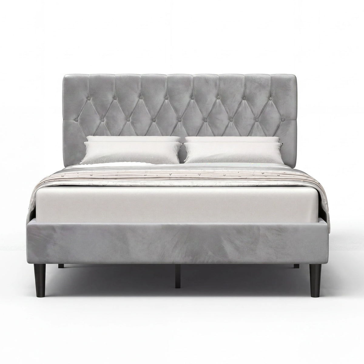[King | Light Grey] Velvet Bed Frame front-facing product shot on a clean white studio background