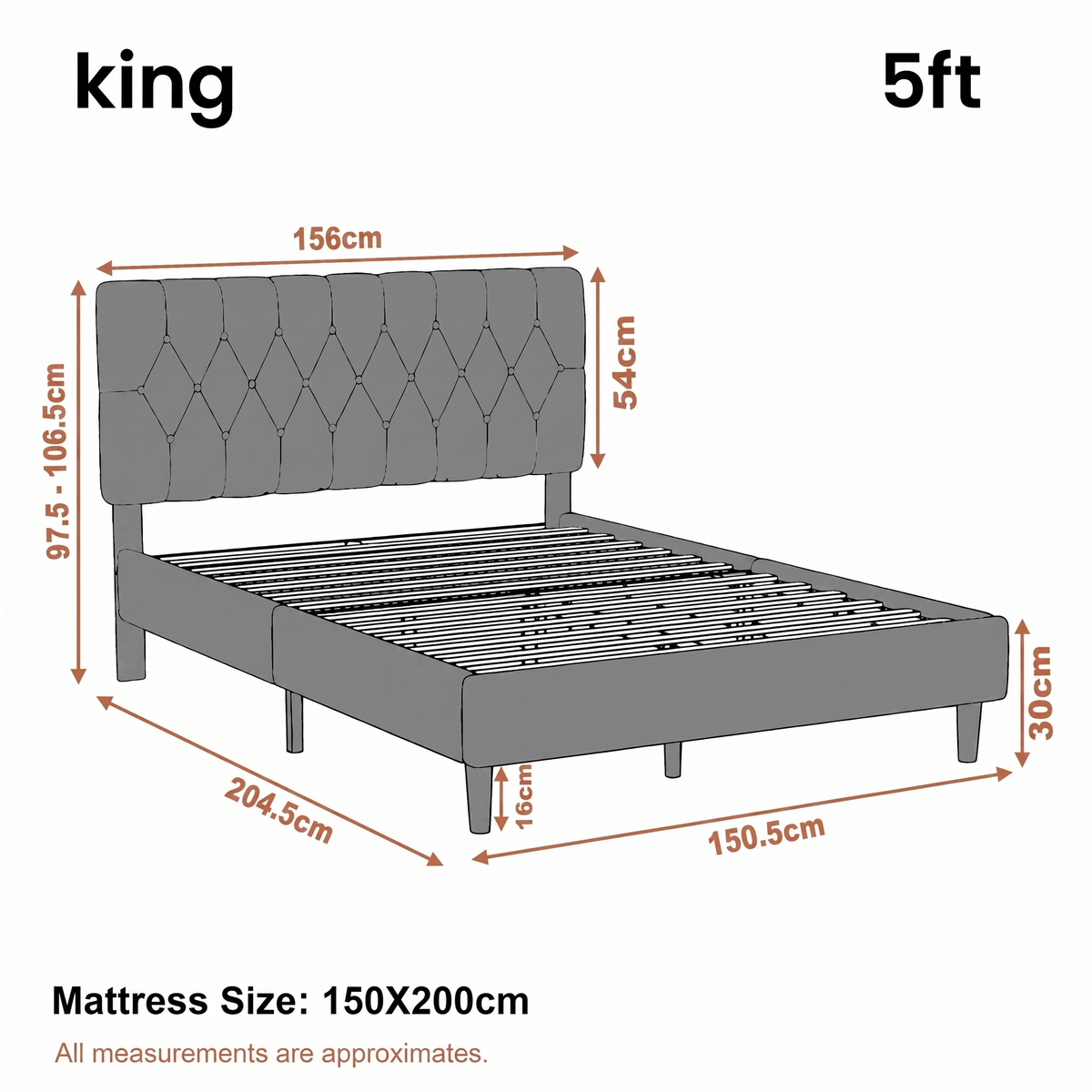 [King | Light Grey] Velvet Bed Frame King 5ft dimension diagram showing 204.5 x 150.5cm bed frame