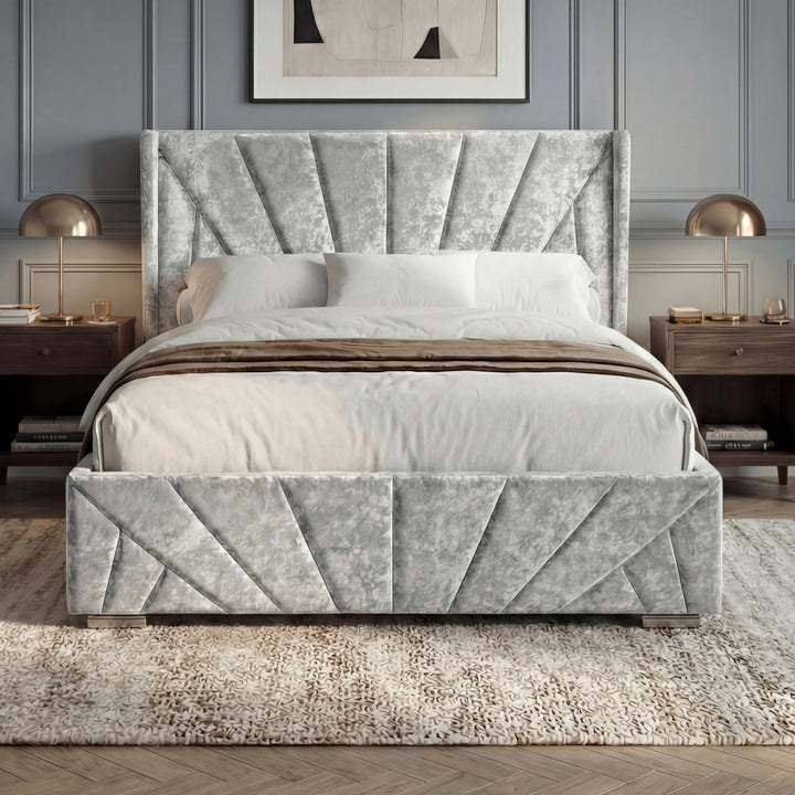 [King | Silver] Front room view of Sunrise bed with wing headboard, framed art, and walnut bedside tables