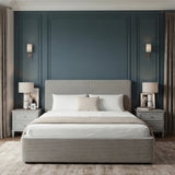 [King | Light Grey]  ottoman bed grey with upholstered headboard and footboard placed in the middle of a modern room