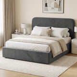 [King| Grey] upholstered bed frame with a tall rounded headboard and matching footboard, styled in a neutral bedroom setting with white bedding