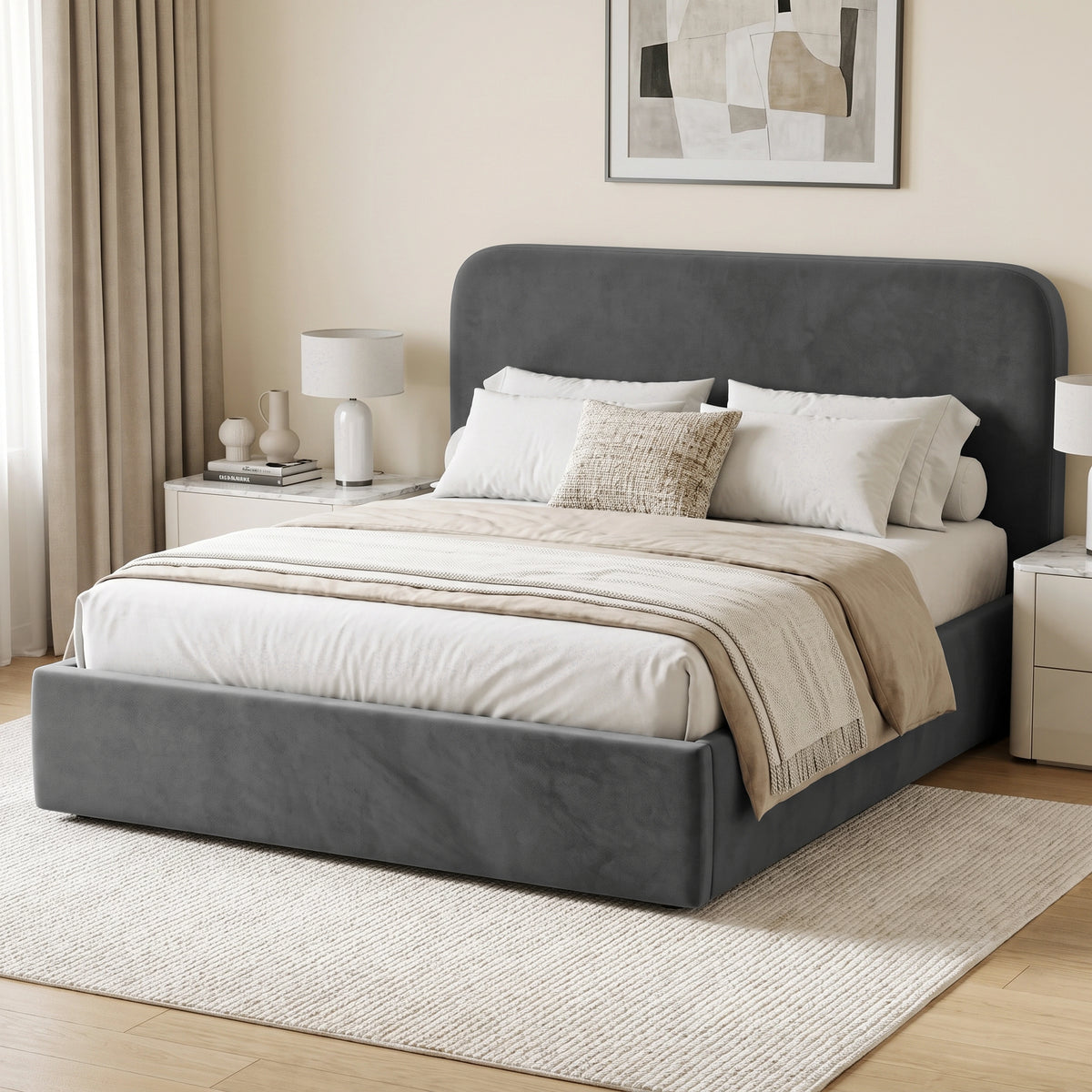 [King| Grey] upholstered bed frame with a tall rounded headboard and matching footboard, styled in a neutral bedroom setting with white bedding