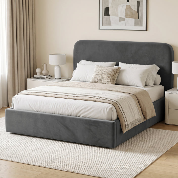 [King| Grey] upholstered bed frame with a tall rounded headboard and matching footboard, styled in a neutral bedroom setting with white bedding
