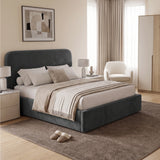 [King| Grey] upholstered lift-up storage bed with the mattress raised, showing neatly folded bedding and pillows in the open storage