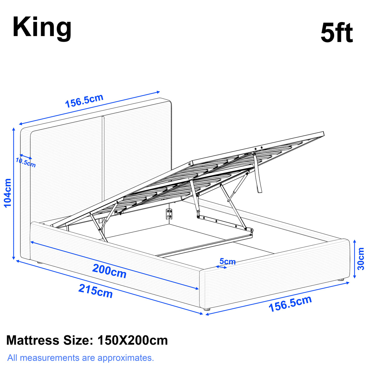 [King | Light Grey]  ottoman bed frame size showing: Length 215cm, width 156.5 cm, headboard height 104 cm
