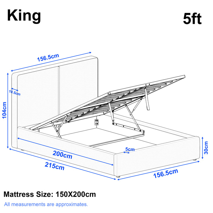 [King | Light Grey]  ottoman bed frame size showing: Length 215cm, width 156.5 cm, headboard height 104 cm