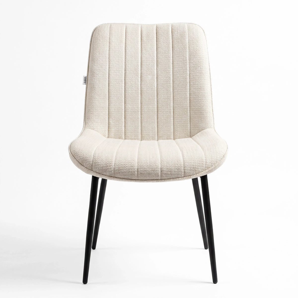 [Vertical Beige | Clear] Kyvon beige upholstered fabric channeled stitched dining chair front view with black metal legs